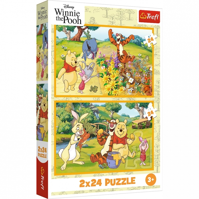 Puzzel 2x24 Disney Winnie de Poeh - Dag in de tuin