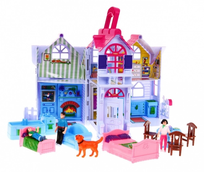 Uitklapbaar kinderspeelhuisje 3+ Paars + familiefiguren + hond + meubels + 2 verdiepingen