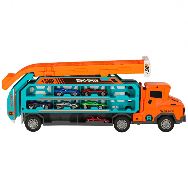Racebaan met takelwagen en transporter 6 delen - oranje