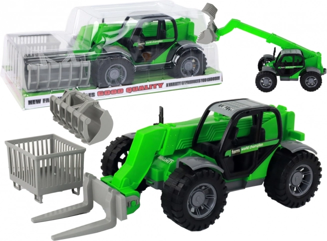 Groene tractor met uitschuifbare arm en verwisselbare opzetstukken
