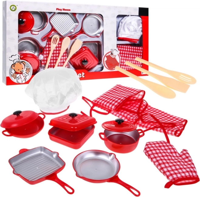Rode set voor kleine koks voor kinderen 3+ – chefkokskostuum, pannen en accessoires, 14 delig