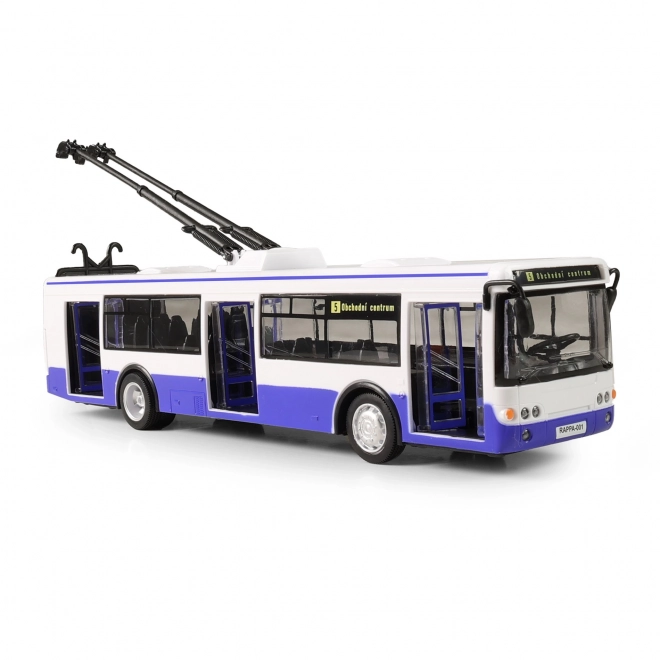 Trolleybus die haltes in het Tsjechisch meldt 28 cm blauw