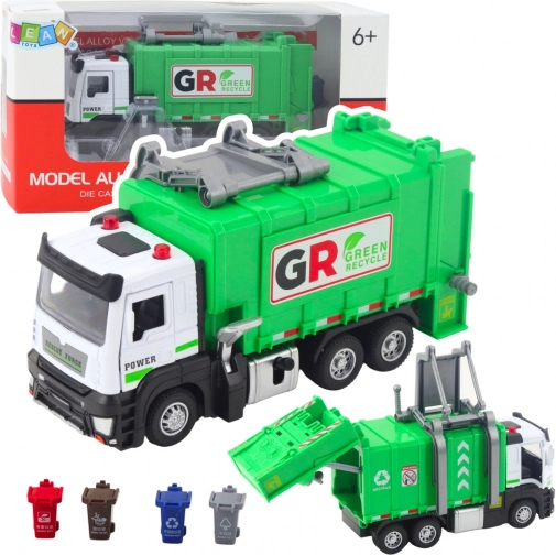 Vuilniswagen met vliegwiel, licht en geluid – 4 afvalbakken, groen