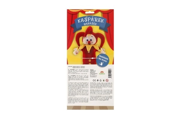 Kasper handpop van pluche 28cm met belletjes op kaart