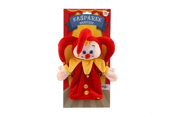 Kasper handpop van pluche 28cm met belletjes op kaart