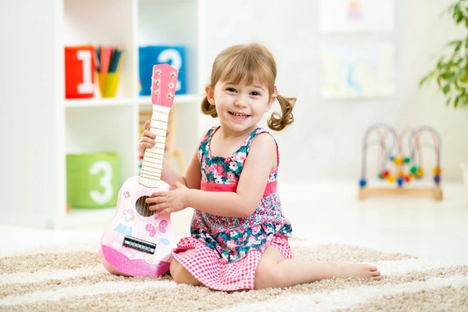 Kinder houten gitaar, metalen snaren, roze ECOTOYS