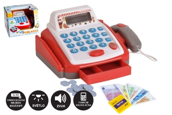 Kassa klein digitaal plastic 18cm met accessoires op batterijen met geluid en licht in doos 22x15x18cm