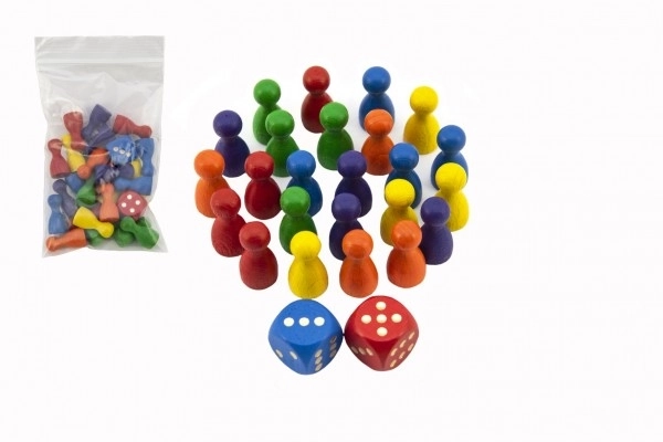 Houten figuurtjes 25mm 24st 6 kleuren+ 2 dobbelstenen gezelschapsspel in zak 7x13cm