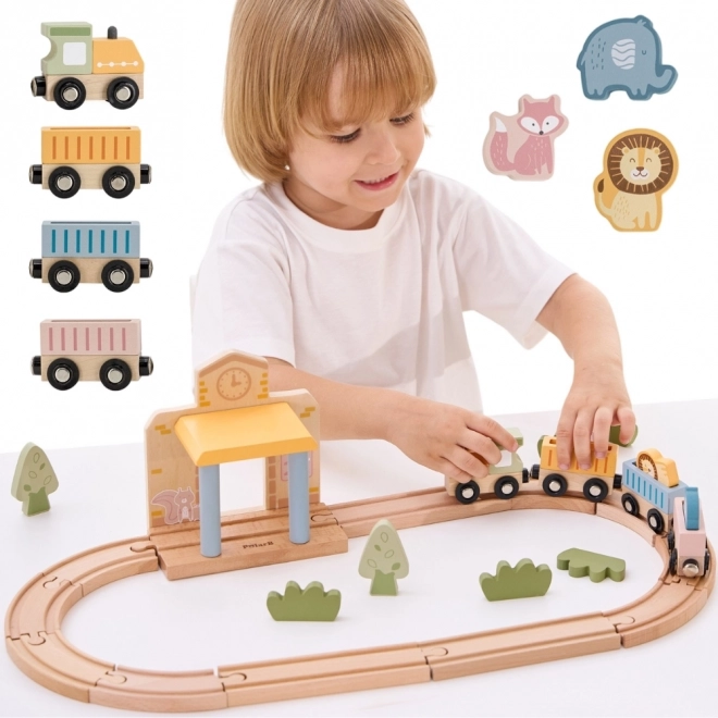 Houten treinset met batterijvoeding