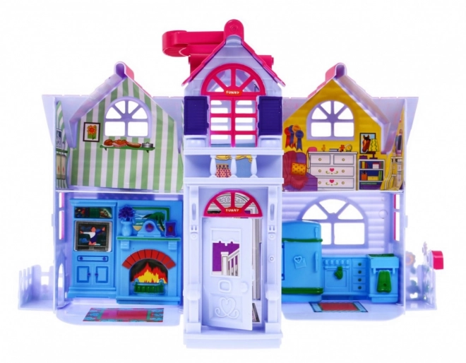 Uitklapbaar kinderspeelhuisje 3+ Paars + familiefiguren + hond + meubels + 2 verdiepingen