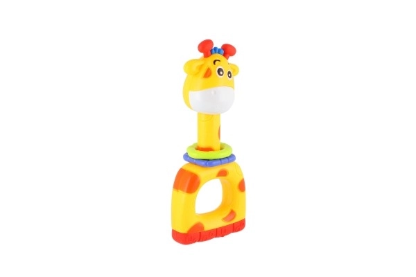 Rammelaar/bijtring/fluitje giraffe plastic 7x16cm op kaart 3m+
