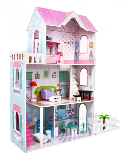 Houten poppenhuis Roze voor kinderen 3+ met uitrusting en meubels