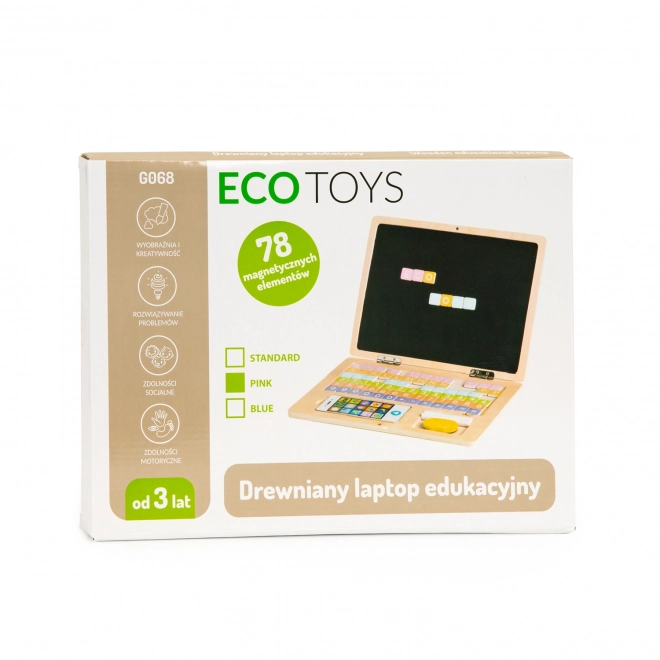 ECOTOYS Houten laptop met magnetisch scherm - roze