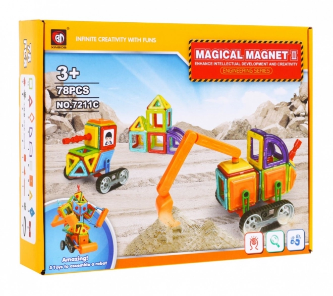 Bouwmagnetische blokken + wielen + graafarm - 78 stuks