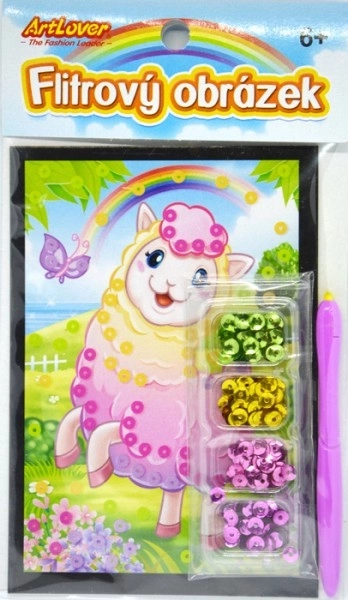 Pailletten mini afbeelding lama 10x16cm 4 soorten in zakje 24 stuks in doos