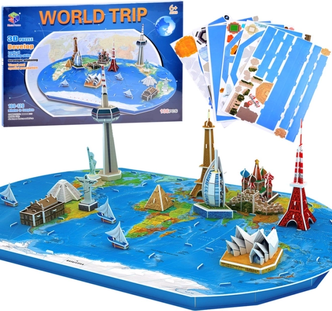3D-puzzel wereldkaart met de beroemdste bouwwerken