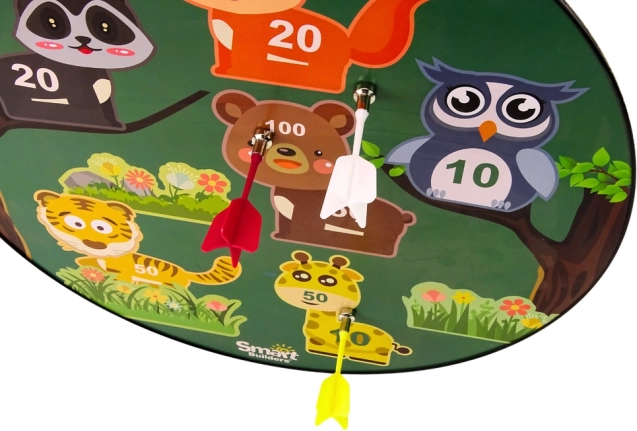 Kleurrijk dartbord met dieren en puntentelling