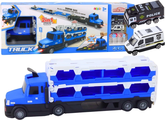 Vrachtwagen met uitschuifbare racetrack 2-in-1, licht en geluid, politieautootjes, blauw
