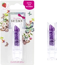Kinderlippenstift Lukky met glitter, aardbeiensmaak, tint paars