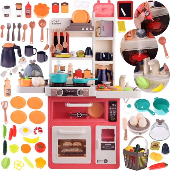 Kinderkeuken met stoom, licht en geluid, koelkast en accessoires, 63 stuks