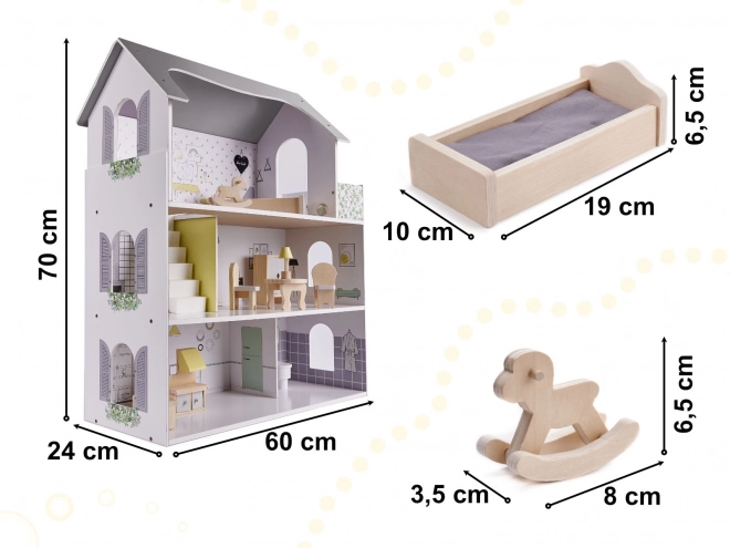 Poppenhuisje met grijs houten meubels