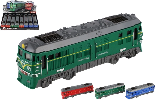 kunststof locomotief 18 cm met vliegwiel, 3 kleuren