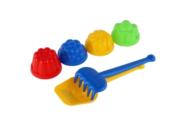 Set voor zandspelen kunststof schepje, harkje, 4 stuks bakvormen in netje