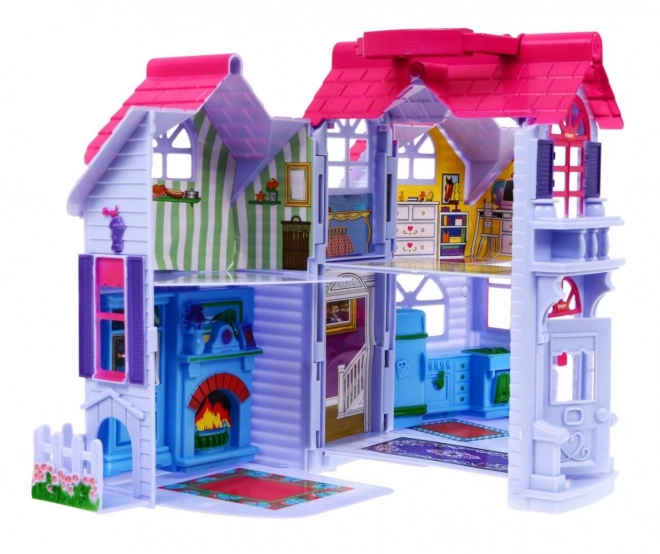 Uitklapbaar kinderspeelhuisje 3+ Paars + familiefiguren + hond + meubels + 2 verdiepingen