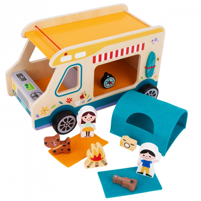 Tooky Toy houten caravan met figuren voor kamperen