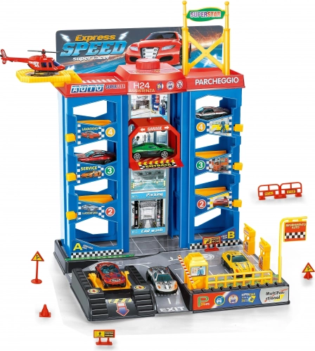 Parkeerstation met helikopter en metalen auto’s 30 × 27 × 37 cm