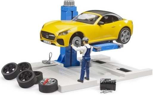 Bruder autowerkplaats met roadster en monteur