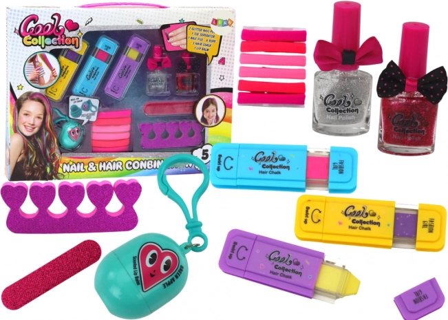 Set voor het kleuren van haar en het versieren van nagels met lippenbalsem
