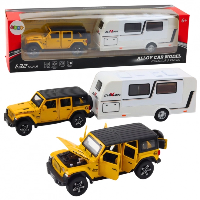 Off-road Auto met Caravan 1:32 Geel