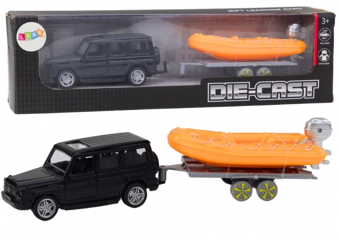 Terreinwagen zwart met aanhanger Boot Oranje