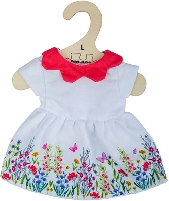 bigjigs toys witte bloemenjurk met rode kraag voor pop 38 cm