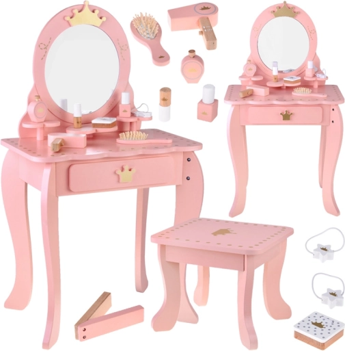 Houten koninklijke kaptafel met spiegel, krukje en accessoires voor kinderen