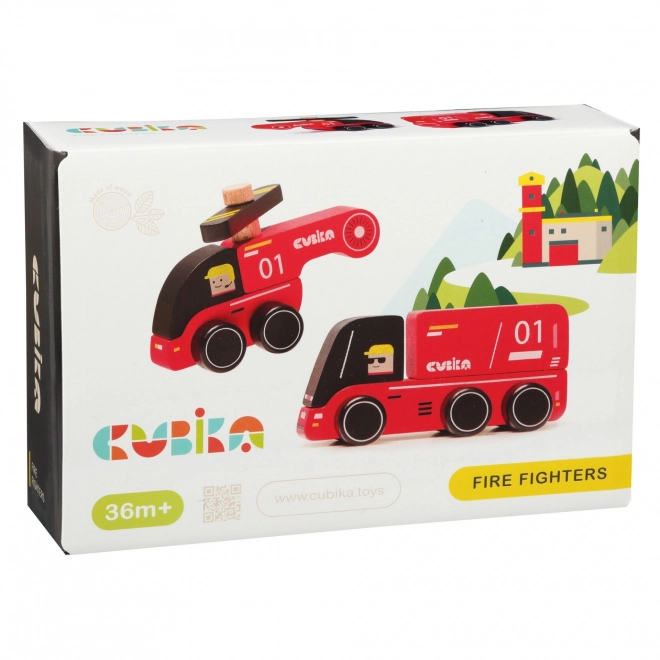CUBIKA 15559 Brandweerman - houten speelgoedauto met helikopter