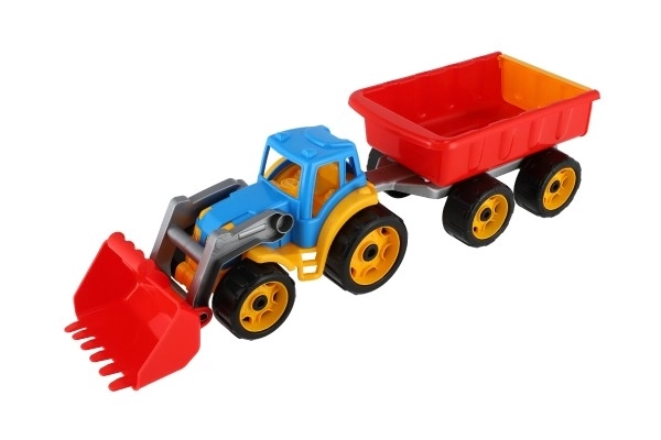 Tractor/lader/graafmachine met aanhanger met liggende plastic voor vrije beweging 2 kleuren in net 16x61x16cm