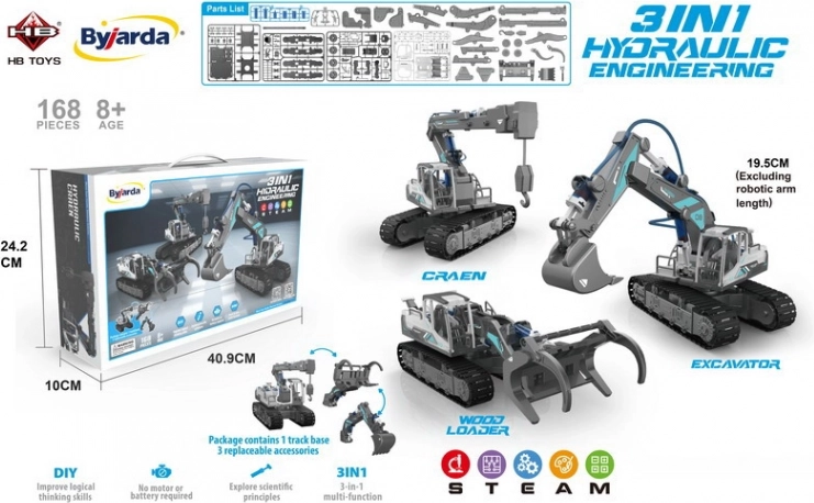 3-in-1 bouwset hydraulische bouwmachines voor kinderen 8+, 168 onderdelen