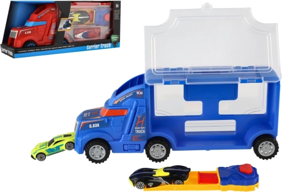 Kunststof vrachtwagen-transporteur met autootjes, 28 cm, 2 kleuren