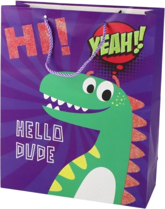 Papieren cadeauzak paars met dinosaurus 41,5 × 30 × 12 cm