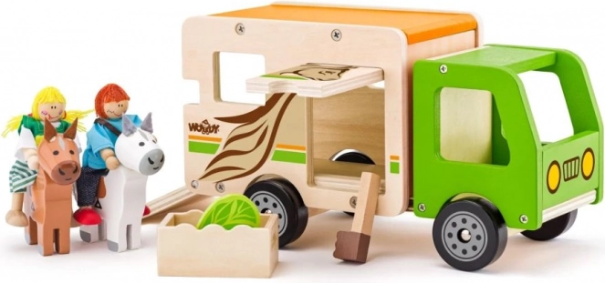 Houten paardentransporter met oprit en figuurtjes