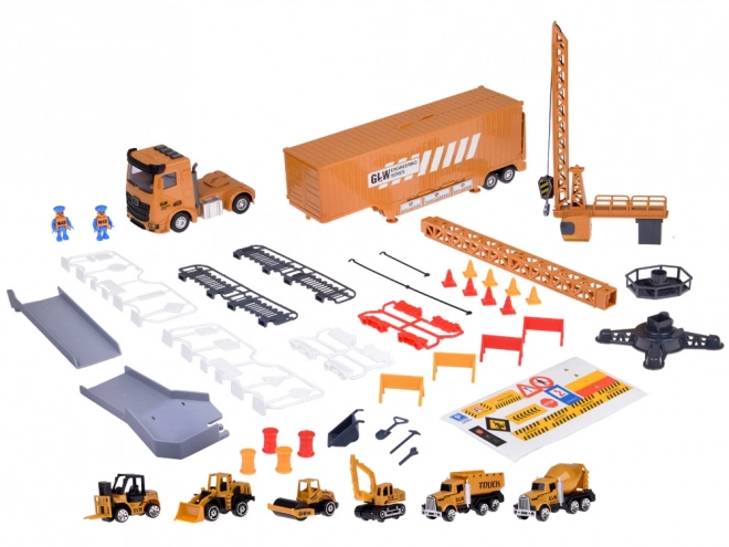 Interactieve set vrachtwagen met uitklapbare oplegger, kraan en heftruck