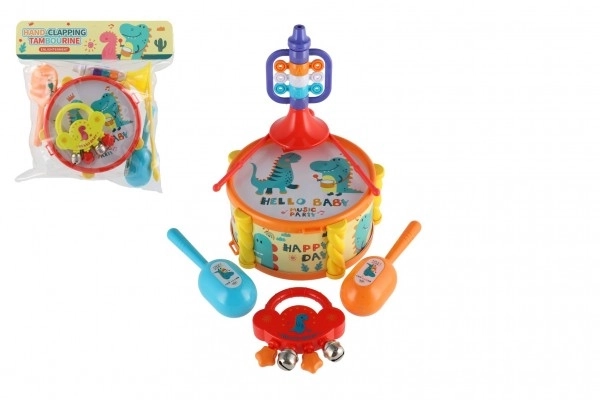 Muziekinstrumenten/set kunststof 5 stuks in doos 2 kleuren in zak 27,5x28cm 3m+