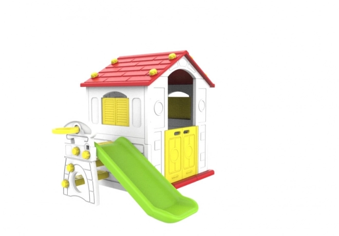 Kinder tuinhuisje met rood dak, glijbaan en basketbal