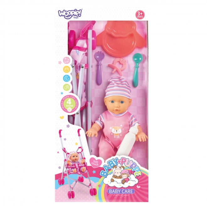 Woopie eerste kinderpop met kinderwagen en eetset