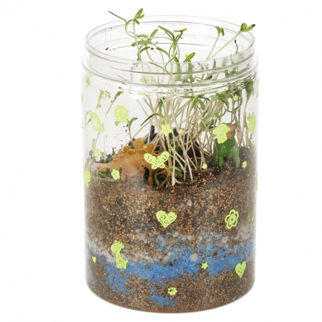 Terrarium voor het kweken van planten met LED-lamp en dinosaurussen