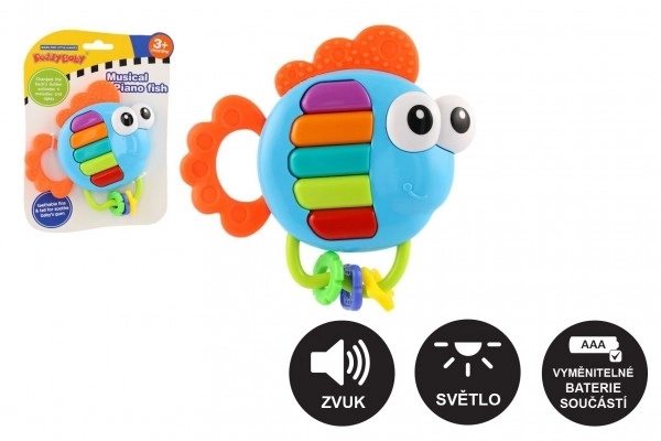 Rammelaar/bijtfiguur vis piano plastic 14x14cm op batterijen met geluid, licht op kaart 3m+