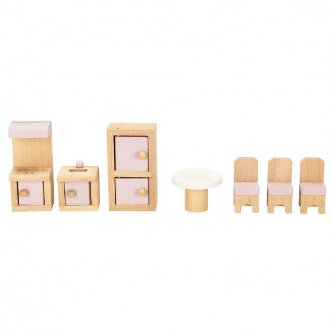 Houten meubeltjes voor poppenhuis - woonkamer, slaapkamer, badkamer, keuken roze