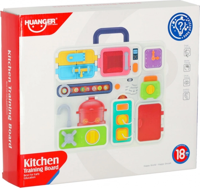 Montessori manipulatiebord met keukenelementen en leermatige klok